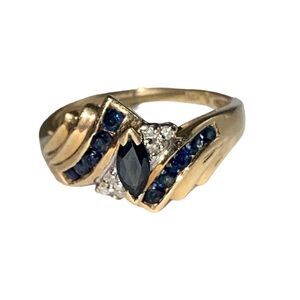 Vintage 10K Gold Cocktail Ring Blue Sapphire Diamond Marquis Cut Mob Wife Size 7